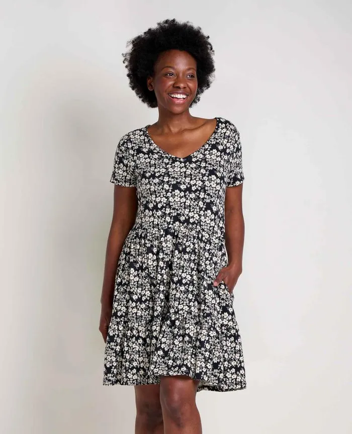 Women Dresses Toad and Co Marley Tiered Short Sleeve Dress Black Carnation Print