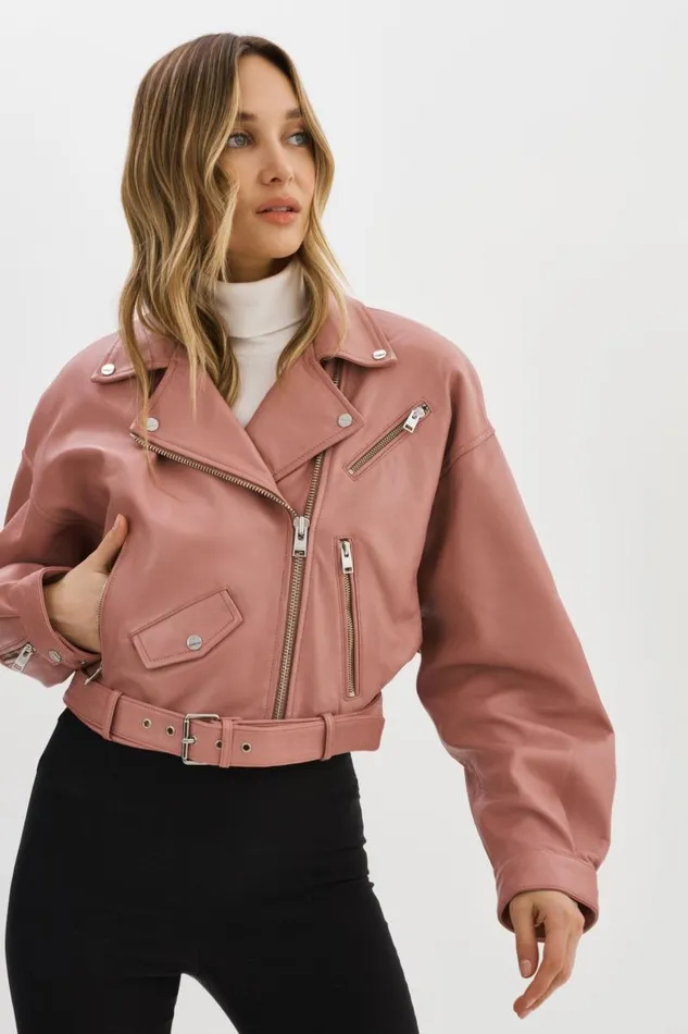 Women DYLAN 80039s Leather Biker Jacket Mauve Pink LAMARQUE Leather Jackets Women DYLAN 80039s Leather Biker Jacket Mauve Pink LAMARQUE Leather Jackets