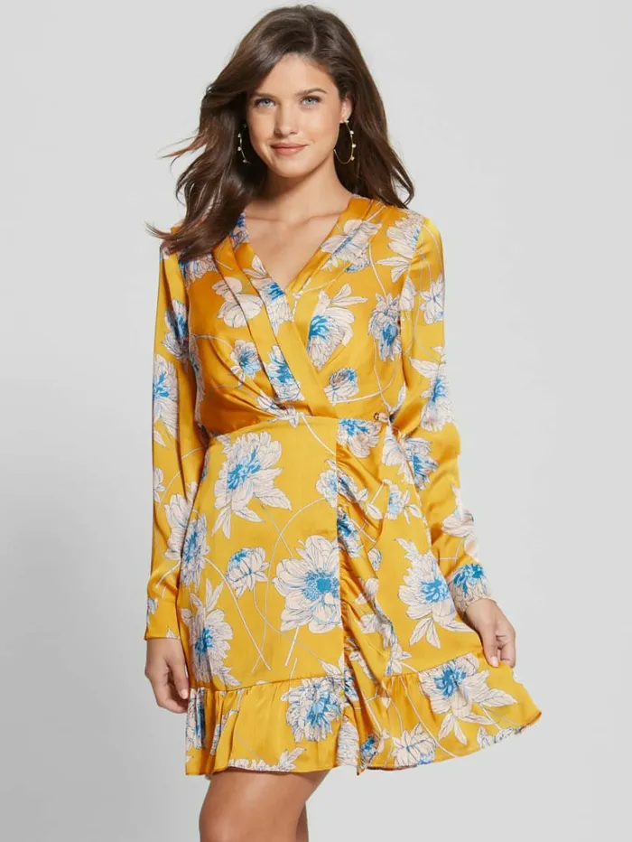 Women Eco Mimosa Printed Dress Golden Bloom Print Dresses and Jumpsuits GUESS Women Eco Mimosa Printed Dress Golden Bloom Print Dresses and Jumpsuits GUESS