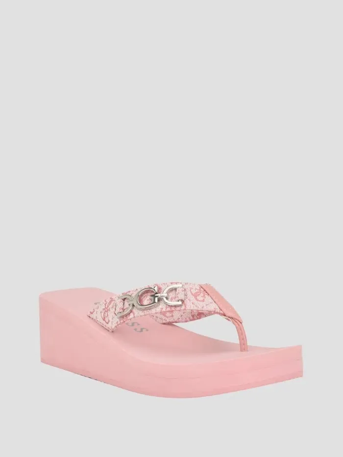 Women Edany Denim G Buckle Wedge Sandals Medium Pink Sandals GUESS