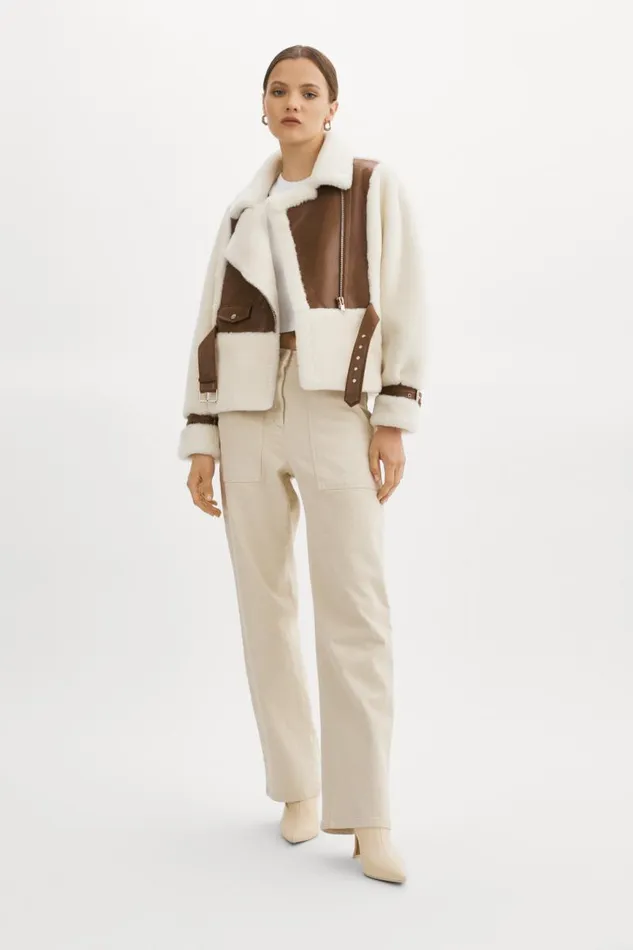 Women ELODY Faux Fur Jacket Ivory Brown LAMARQUE Faux Fur Women ELODY Faux Fur Jacket Ivory Brown LAMARQUE Faux Fur