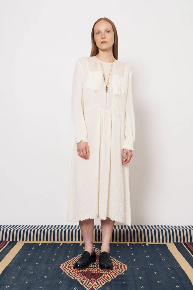 Women Gauze and Cotton Sateen Dirty White Malia Midi Dress Raquel Allegra Dresses