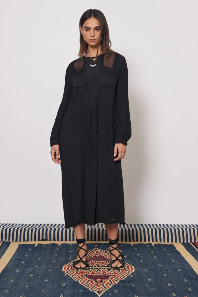 Women Gauze and Cotton Sateen Faded Black Malia Midi Dress Raquel Allegra Dresses