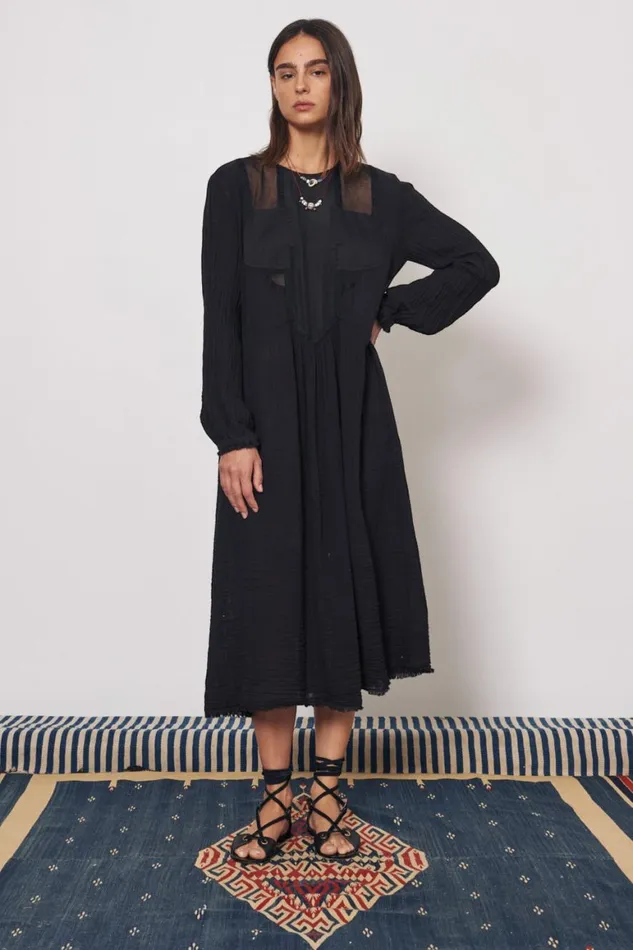 Women Gauze and Cotton Sateen Faded Black Malia Midi Dress Raquel Allegra Dresses