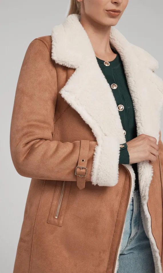 Women Generation Love Clothing Outerwear Carla Suede And Faux Fur Combo Coat Cognacwhite
