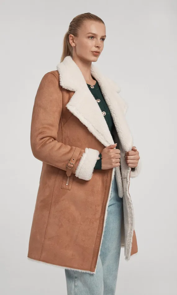 Women Generation Love Clothing Outerwear Carla Suede And Faux Fur Combo Coat Cognacwhite
