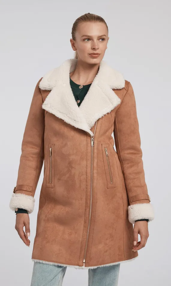 Women Generation Love Clothing Outerwear Carla Suede And Faux Fur Combo Coat Cognacwhite