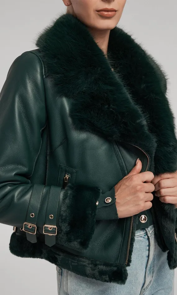 Women Generation Love Clothing Outerwear Dion Faux Fur Shearling Moto Jacket Forest