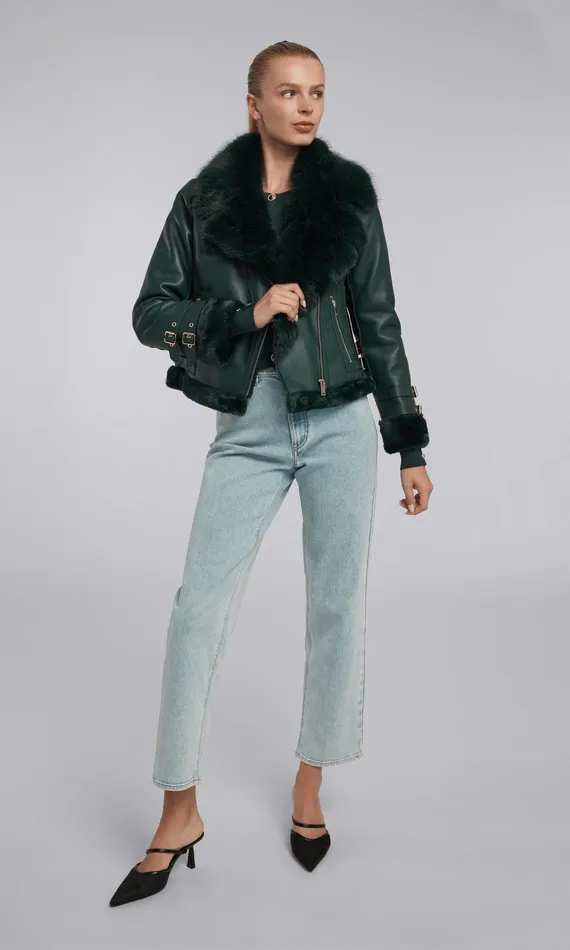 Women Generation Love Clothing Outerwear Dion Faux Fur Shearling Moto Jacket Forest