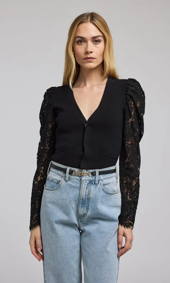 Women Generation Love Clothing Sweaters and Sweatshirts Kelsey Lace Combo Ribbed Cardigan Black