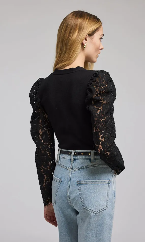 Women Generation Love Clothing Sweaters and Sweatshirts Kelsey Lace Combo Ribbed Cardigan Black