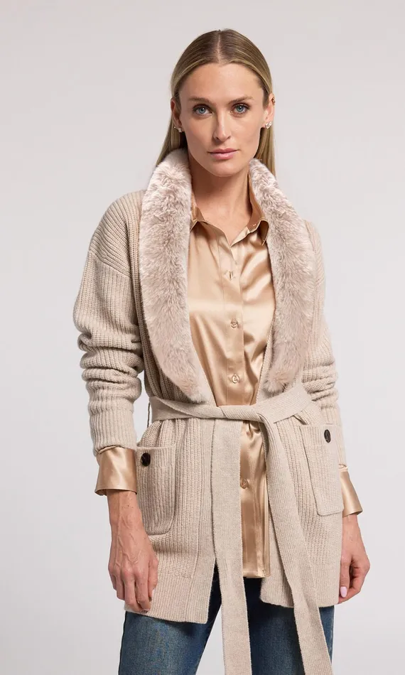 Women Generation Love Clothing Sweaters and Sweatshirts Patty Fur Combo Cardigan Heather Oatmeal