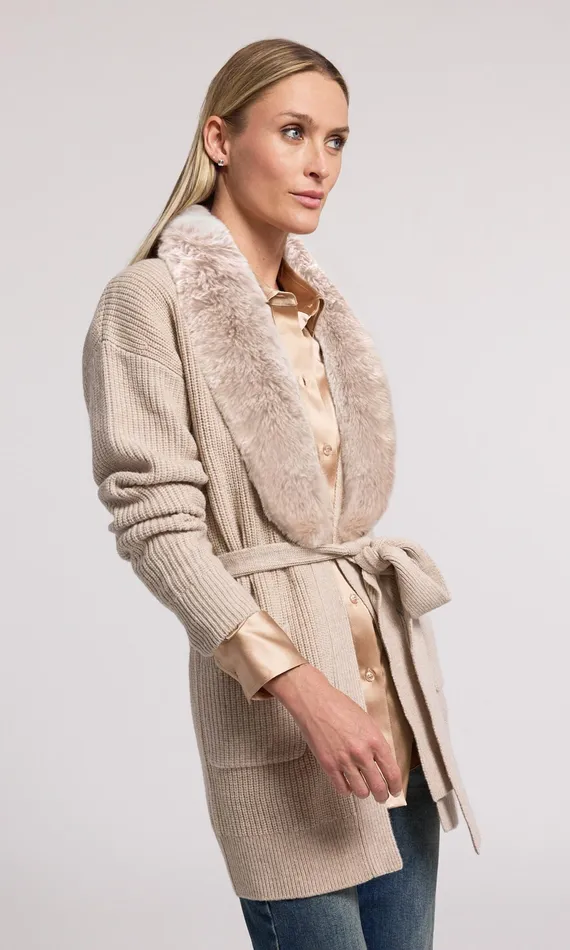 Women Generation Love Clothing Sweaters and Sweatshirts Patty Fur Combo Cardigan Heather Oatmeal