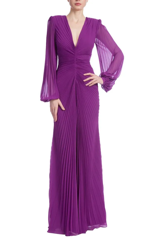 Women Gowns Badgley Mischka Long Sleeve VNeck Pleated Gown Amethyst