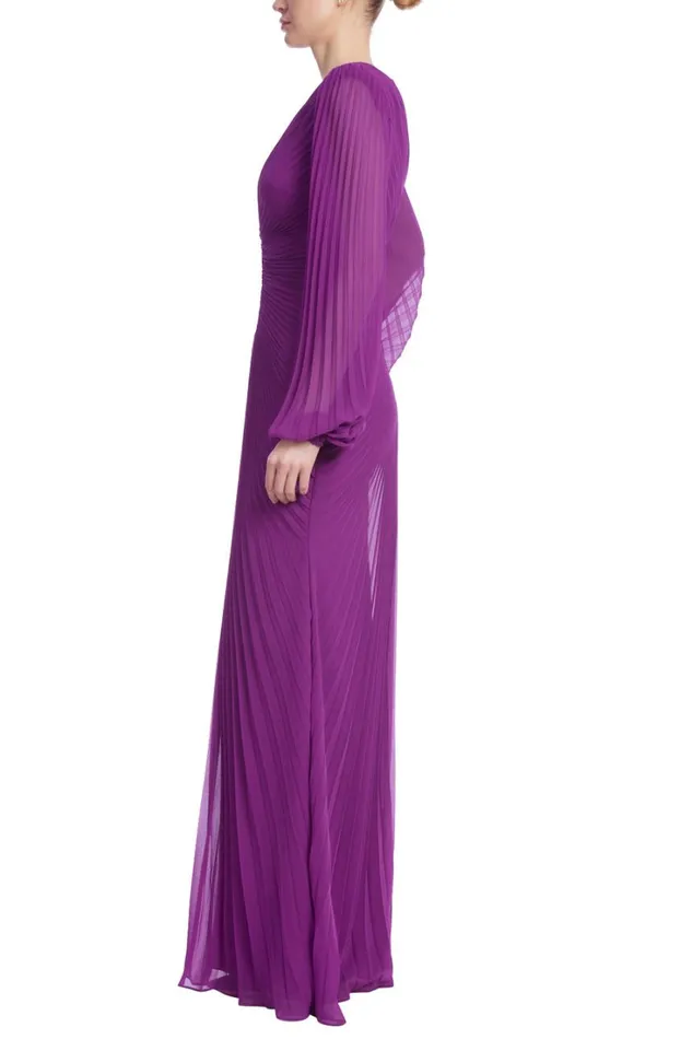 Women Gowns Badgley Mischka Long Sleeve VNeck Pleated Gown Amethyst