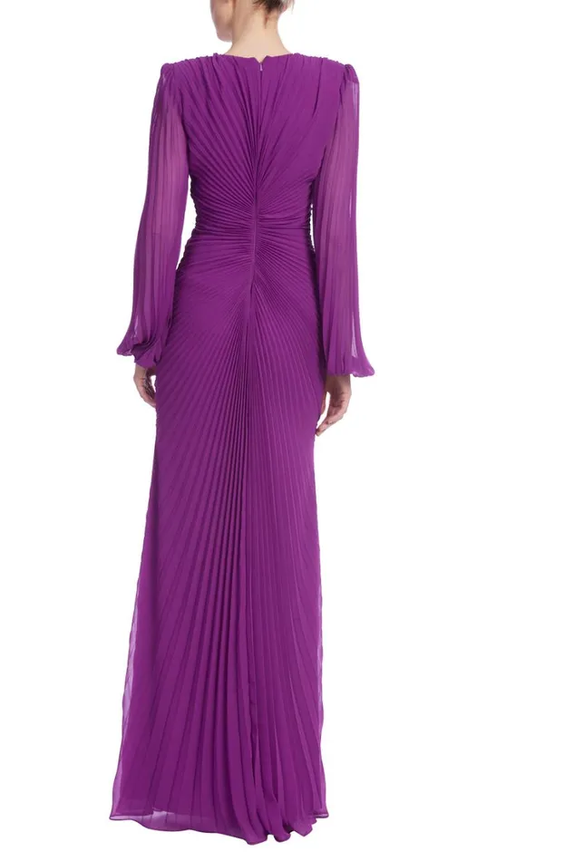 Women Gowns Badgley Mischka Long Sleeve VNeck Pleated Gown Amethyst