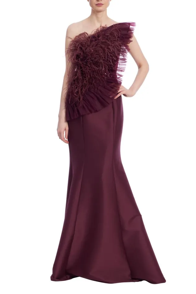 Women Gowns Badgley Mischka Strapless Feather And Tulle Gown Wine