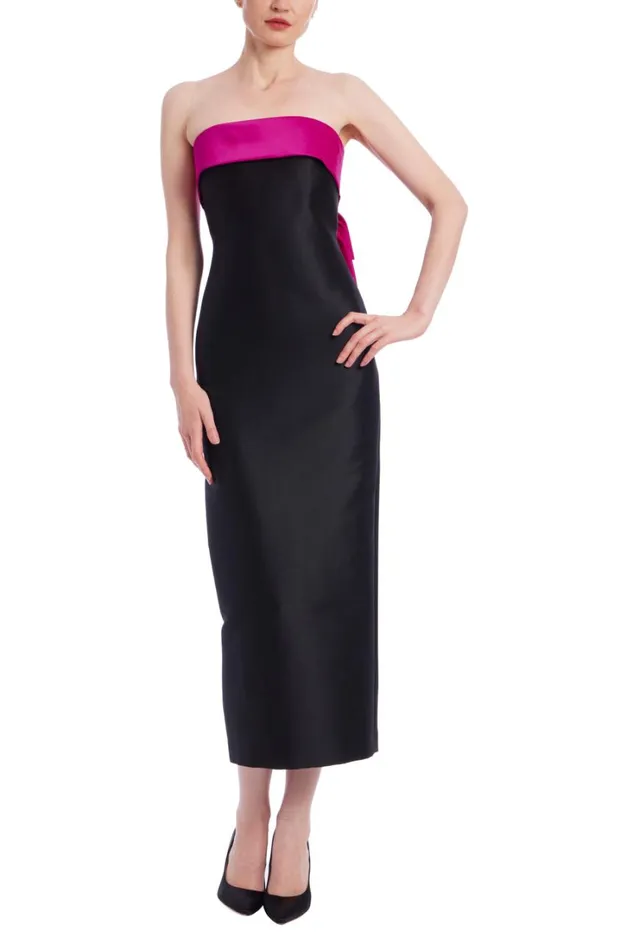 Women Gowns Badgley Mischka TwoTone Bowed Back Strapless Midi Dress Black Fuchsia Women Gowns Badgley Mischka TwoTone Bowed Back Strapless Midi Dress Black Fuchsia
