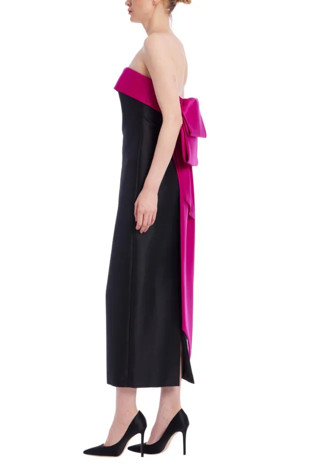 Women Gowns Badgley Mischka TwoTone Bowed Back Strapless Midi Dress Black Fuchsia