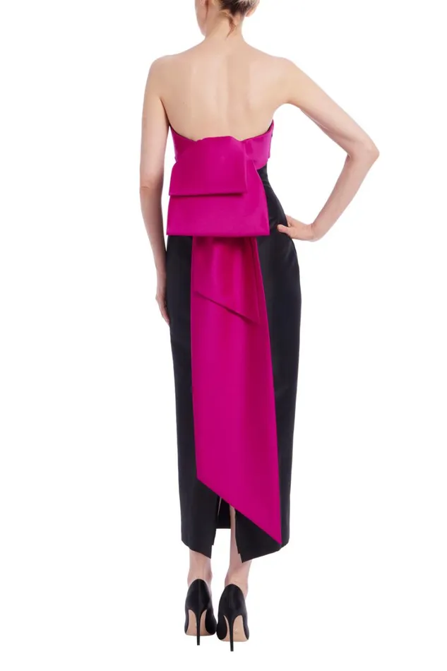 Women Gowns Badgley Mischka TwoTone Bowed Back Strapless Midi Dress Black Fuchsia