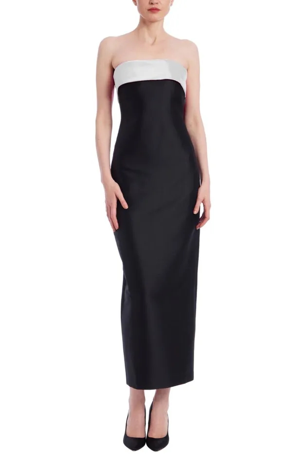 Women Gowns Badgley Mischka TwoTone Bowed Back Strapless Midi Dress Black Fuchsia