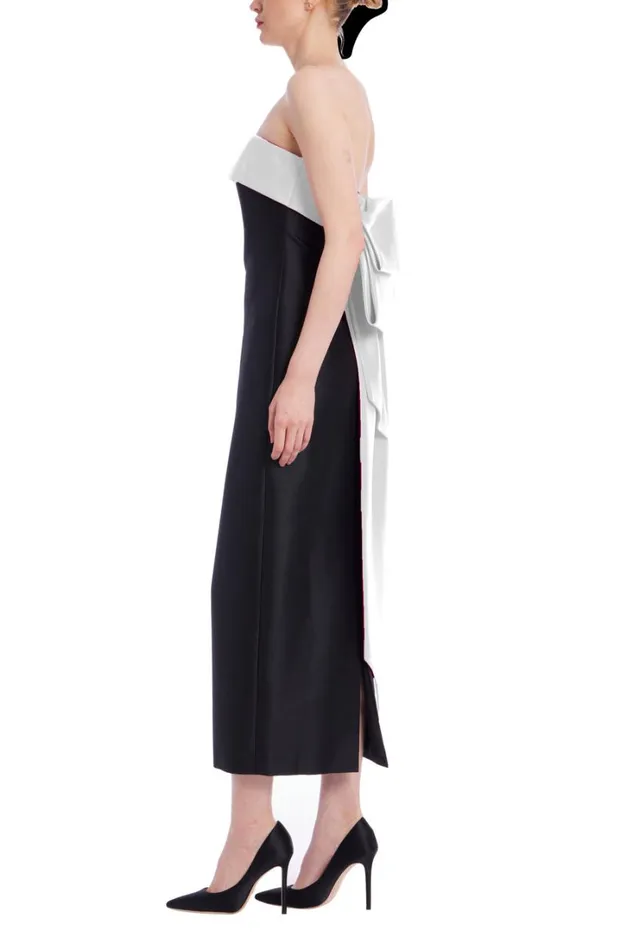 Women Gowns Badgley Mischka TwoTone Bowed Back Strapless Midi Dress Black Fuchsia