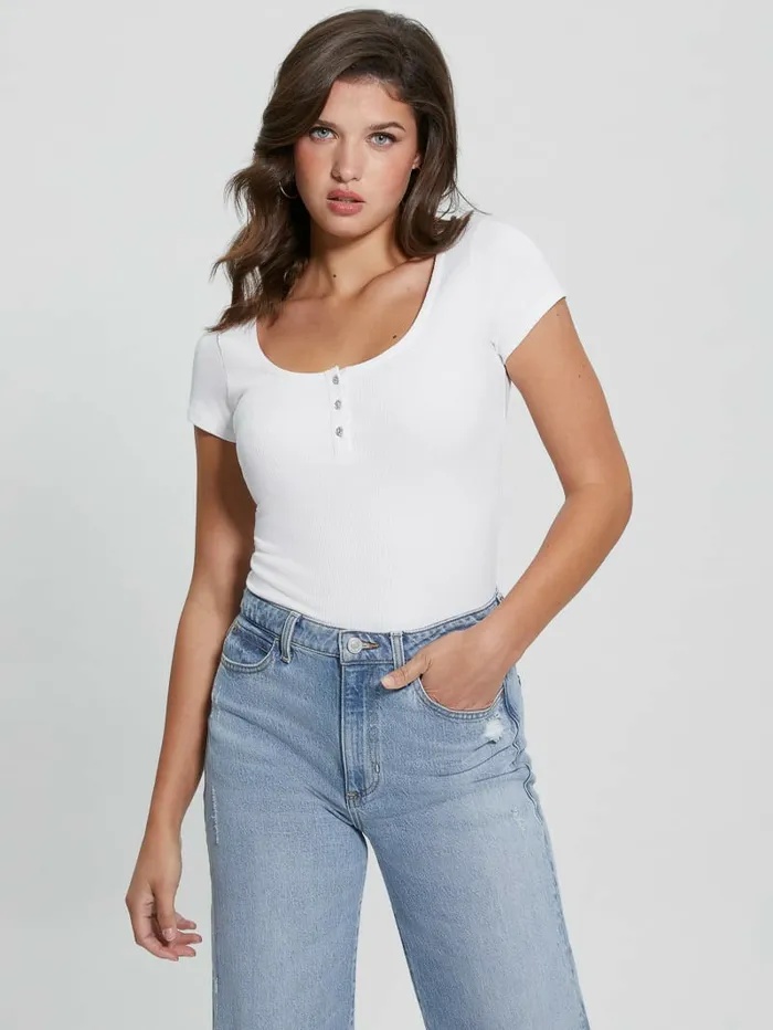 Women GUESS Eco Karlee Henley Tee Pure White Tops