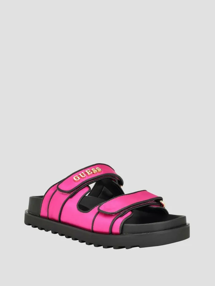Women GUESS Fabulonn Satin TwoStrap Slides Black 002 Sandals
