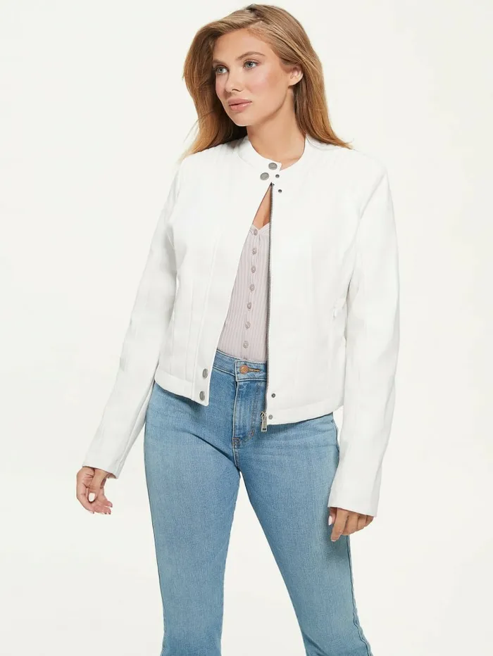 Women GUESS Fiammetta Moto Jacket Cream White Jackets and Coats