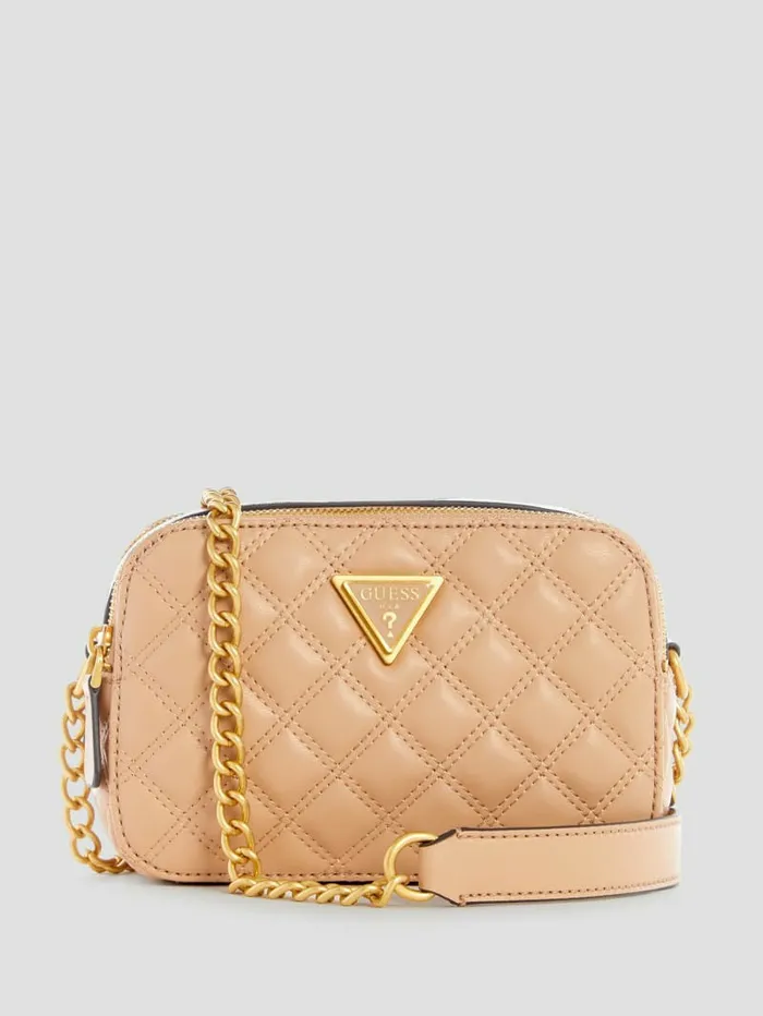 Women GUESS Giully Quilted Camera Crossbody Beige Overflow Handbags