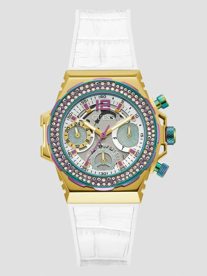 Women GUESS GoldTone and White Crocodile Leather Multifunction Watch White Multi Watches Women GUESS GoldTone and White Crocodile Leather Multifunction Watch White Multi Watches