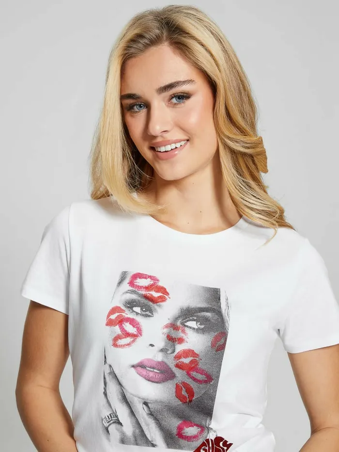 Women GUESS Lipstick Kisses Tee Pure White Tops Women GUESS Lipstick Kisses Tee Pure White Tops
