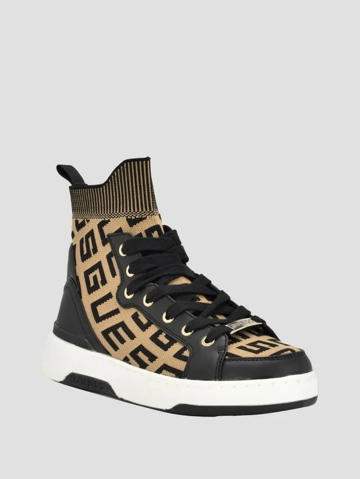 Women GUESS Mannen Logo Knit HighTop Sneakers Medium Brown Sneakers