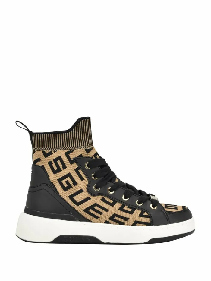 Women GUESS Mannen Logo Knit HighTop Sneakers Medium Brown Sneakers