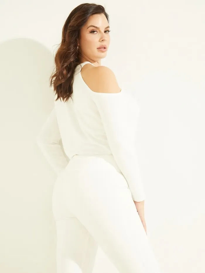 Women GUESS Priya ColdShoulder Sweater Top Pale Pearl Tops