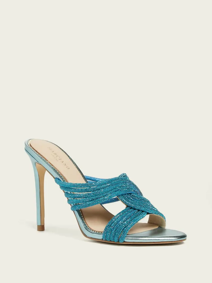 Women GUESS Rhinestone Strappy Heel Mid Blue Heels