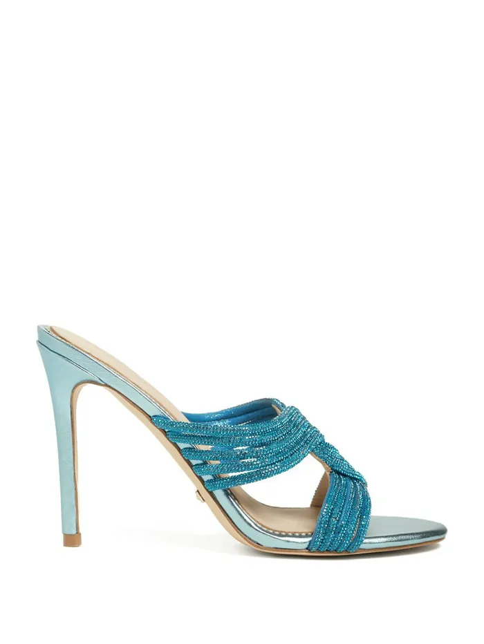 Women GUESS Rhinestone Strappy Heel Mid Blue Heels