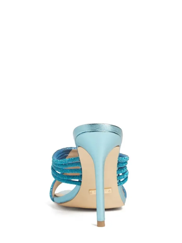 Women GUESS Rhinestone Strappy Heel Mid Blue Heels