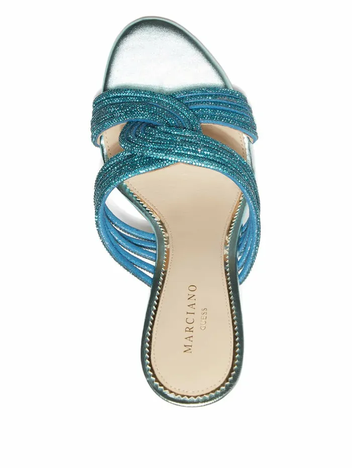 Women GUESS Rhinestone Strappy Heel Mid Blue Heels