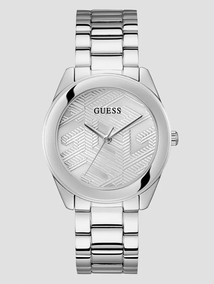 Women GUESS SilverTone Textured GCube Analog Watch Silver Watches