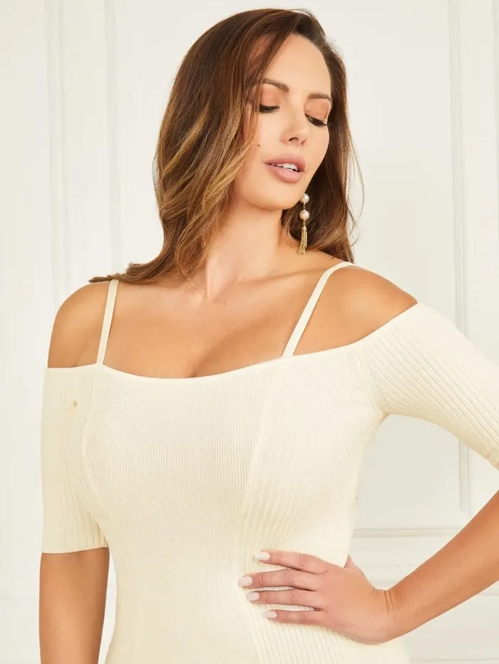 Women GUESS Tessa ColdShoulder Sweater Dress Sandy Shore Dresses and Jumpsuits Women GUESS Tessa ColdShoulder Sweater Dress Sandy Shore Dresses and Jumpsuits