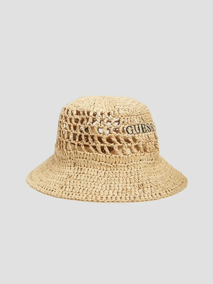 Women Hats and Scarves GUESS Mirage Straw Bucket Hat White