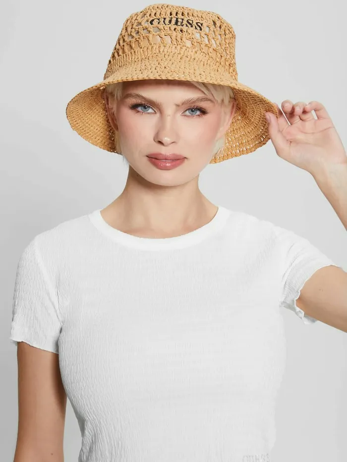 Women Hats and Scarves GUESS Mirage Straw Bucket Hat White