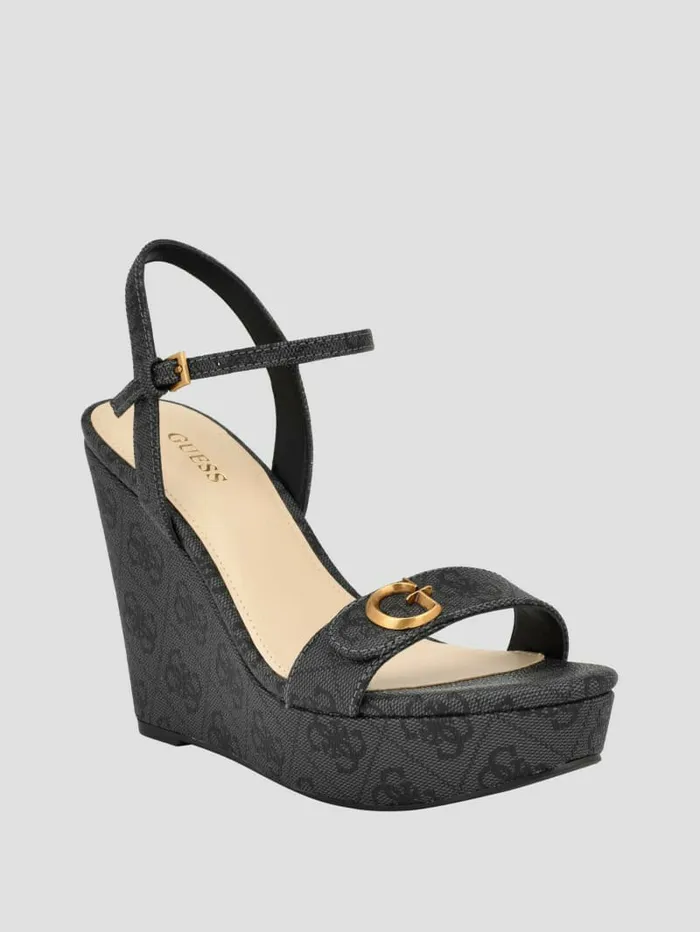 Women Himifa Shimmer Metallic G Wedge Sandals Black 001 Heels GUESS