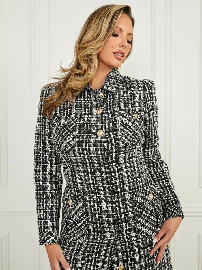 Women Jackets and Coats GUESS Megan Tweed Coat Check Black And White