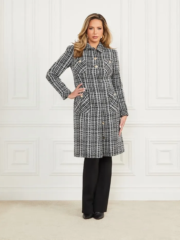 Women Jackets and Coats GUESS Megan Tweed Coat Check Black And White Women Jackets and Coats GUESS Megan Tweed Coat Check Black And White