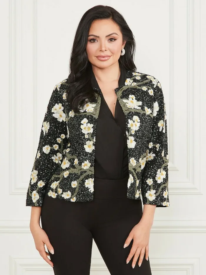 Women Jackets and Coats GUESS Precious Embroidered Sequin Jacket Blossom Black Cave Embr