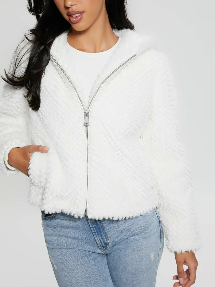 Women Jackets and Coats GUESS Theoline FauxFur Hooded Jacket Cream White