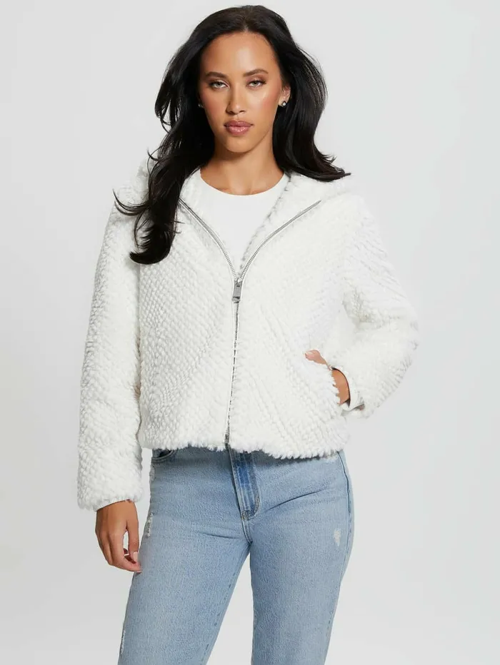 Women Jackets and Coats GUESS Theoline FauxFur Hooded Jacket Cream White