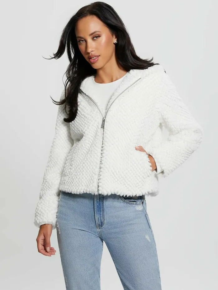 Women Jackets and Coats GUESS Theoline FauxFur Hooded Jacket Cream White